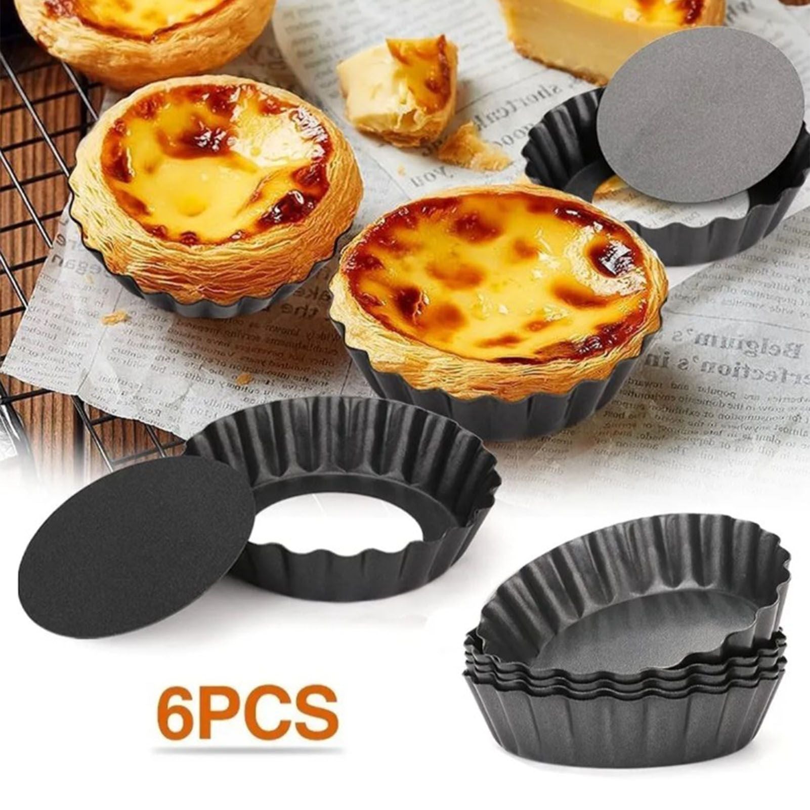6PCS Removable Bottom Tart Pan Non Stick Coating Carbon Steel Black Quiche Pan for Kitchen V1294-YM0512-3118220298411