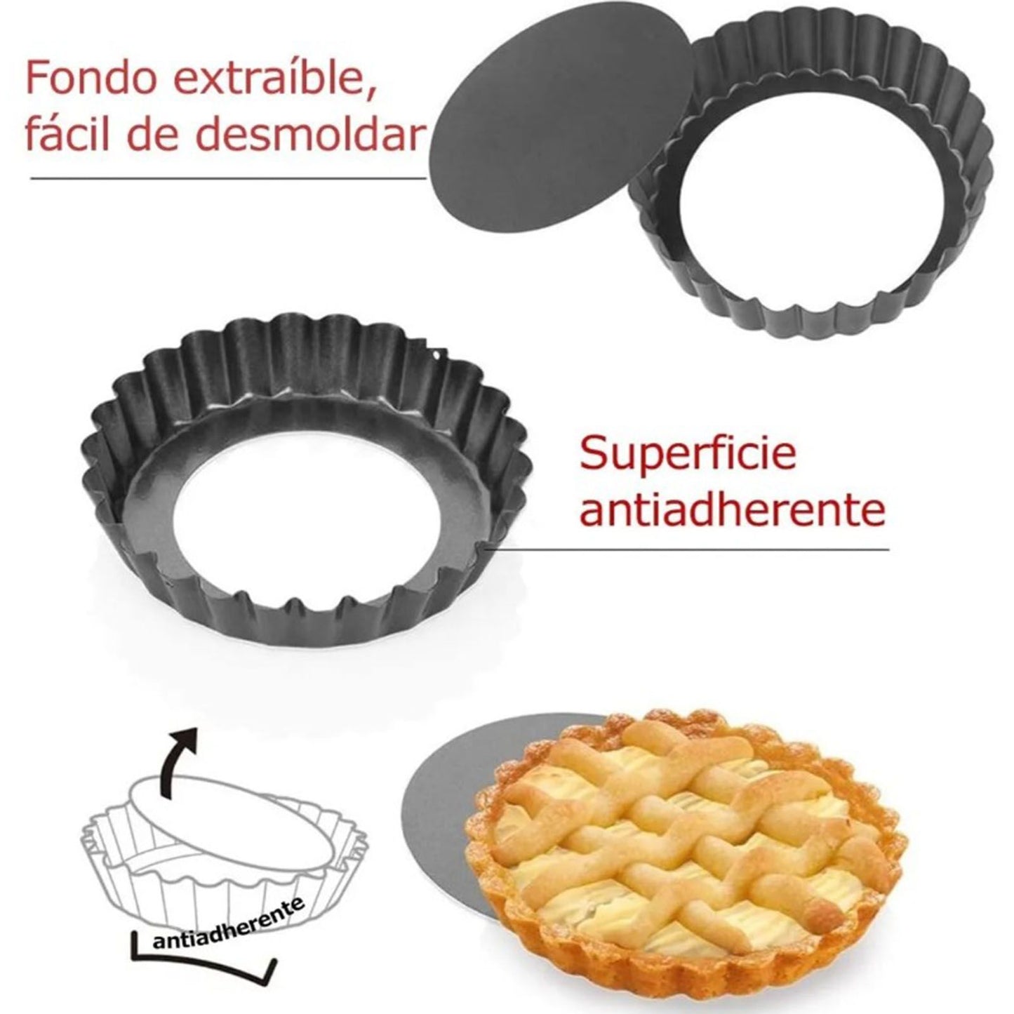 6PCS Removable Bottom Tart Pan Non Stick Coating Carbon Steel Black Quiche Pan for Kitchen V1294-YM0512-3118220298411