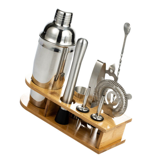 10PCS Home Bartending Kit Stainless Steel with Bamboo Tray Cocktail Mixing Tool Set for DIY Novice 550ML V1294-YM0512-3118220298911