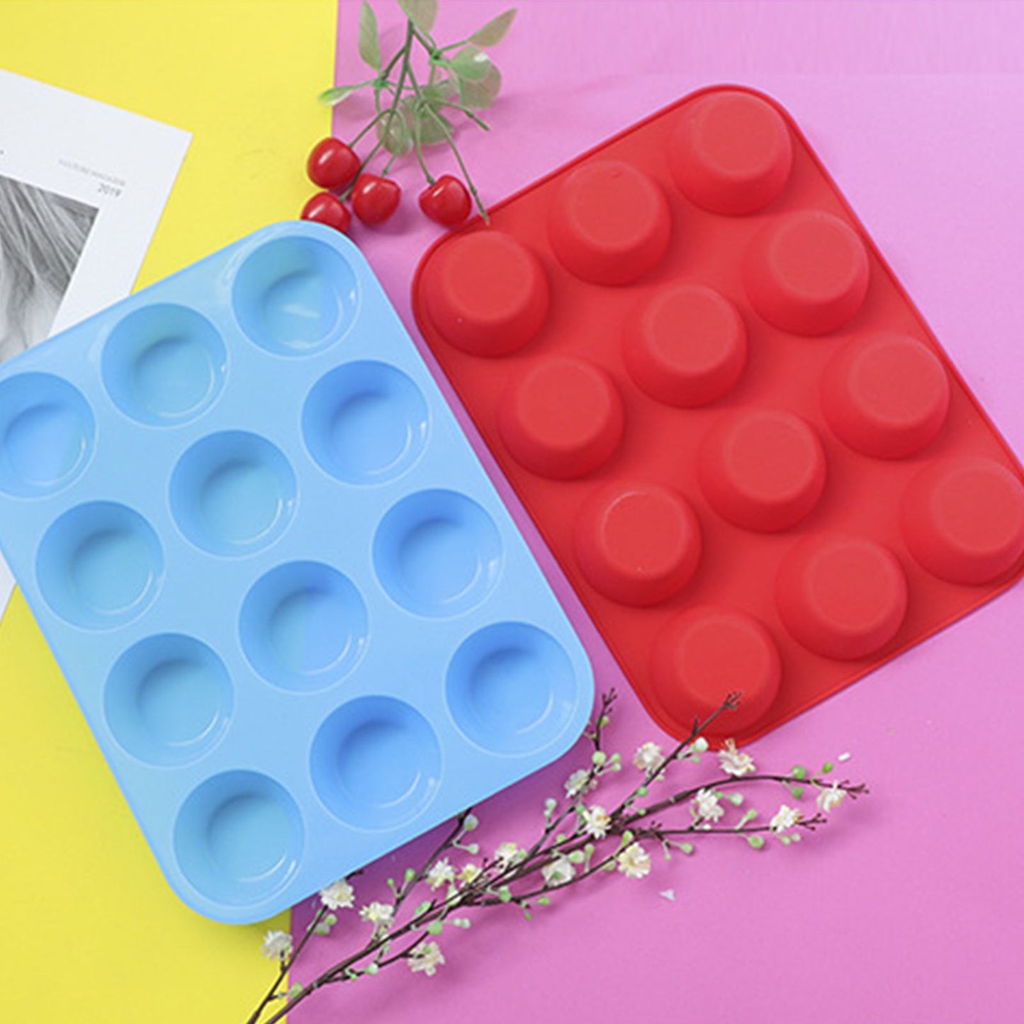 12 Cupcake Pan Soft Silicone Round Shape Easy Release Muffin Pan for Cupcake Muffin Gelatin Soap Candle Blue V1294-YM0512-3118220299312