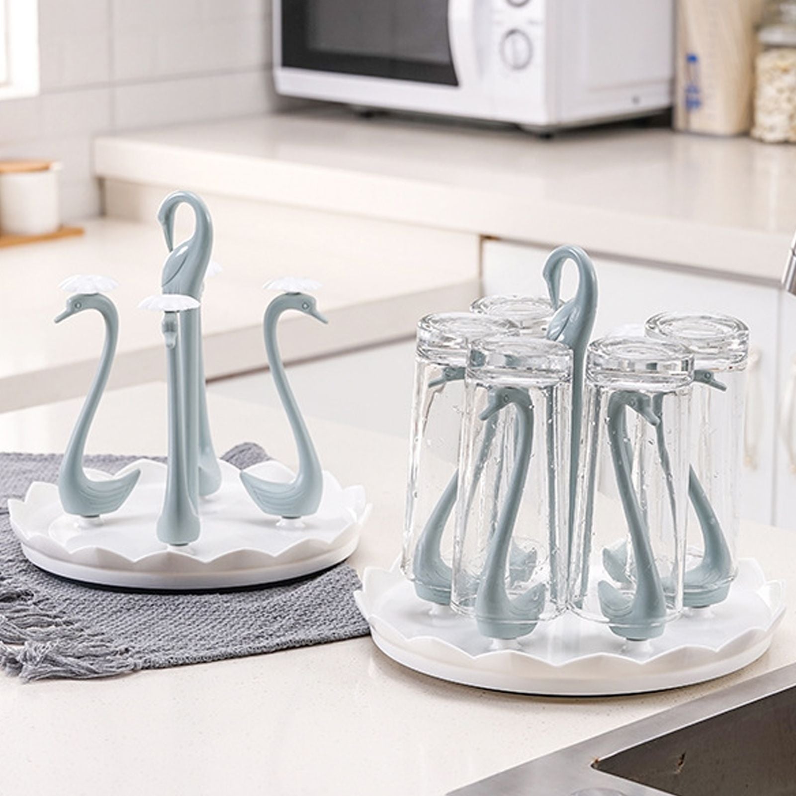 Swan Cup Holder with Rotating Drip Tray Plastic Rotatable Drinking Cup Drainer Stand Rack for Home Kitchen V1294-YM0512-3118220299412