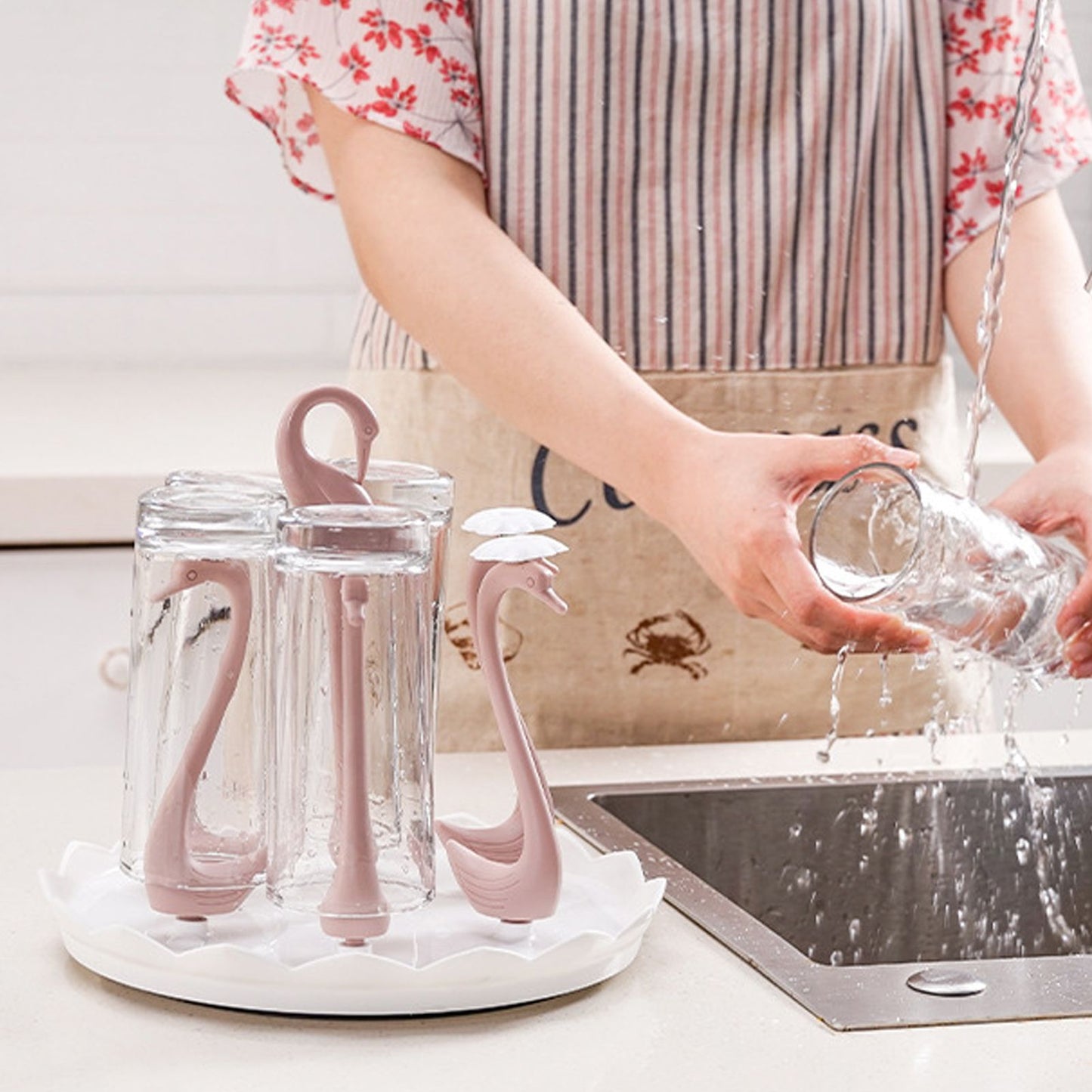 Swan Cup Holder with Rotating Drip Tray Plastic Rotatable Drinking Cup Drainer Stand Rack for Home Kitchen V1294-YM0512-3118220299413