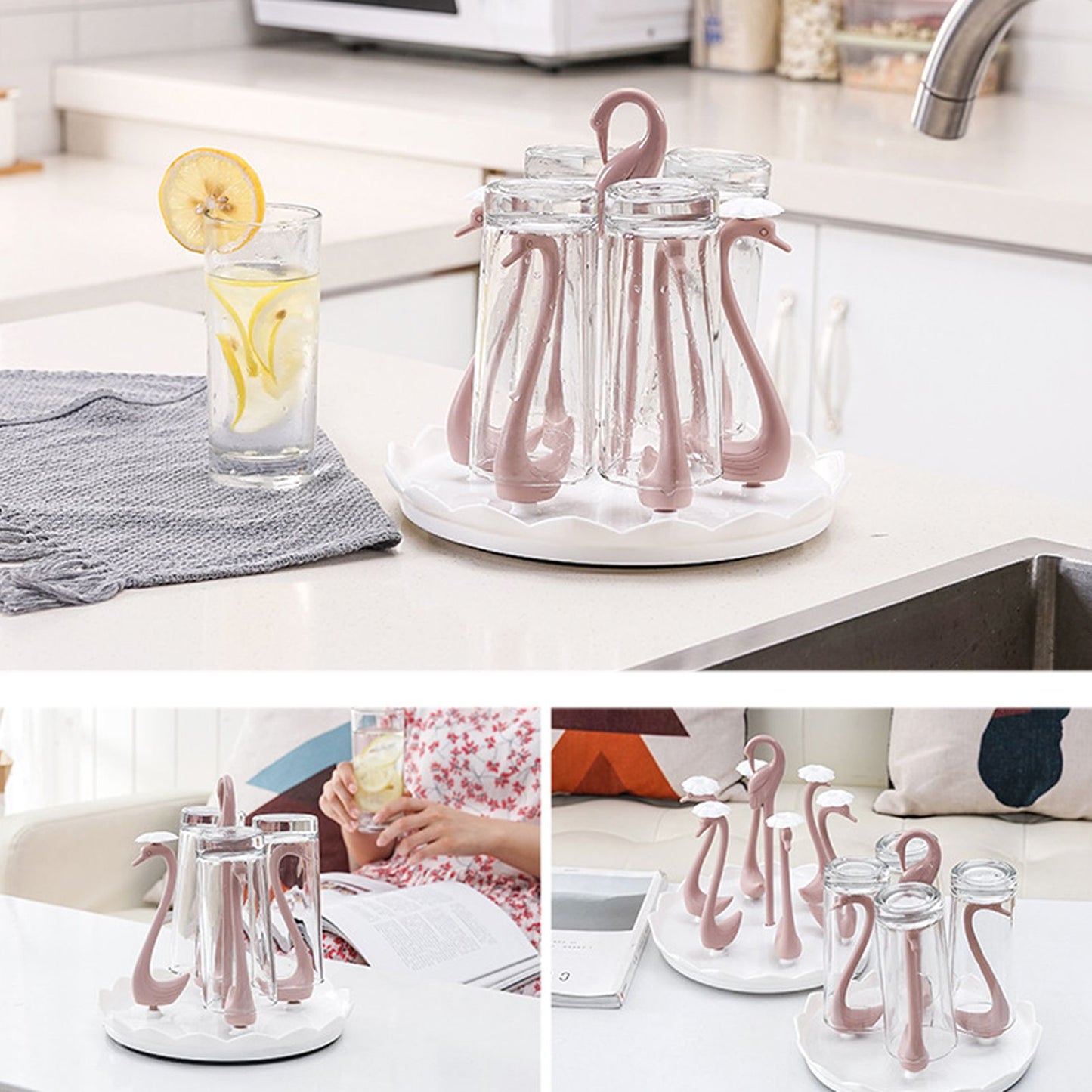Swan Cup Holder with Rotating Drip Tray Plastic Rotatable Drinking Cup Drainer Stand Rack for Home Kitchen V1294-YM0512-3118220299413