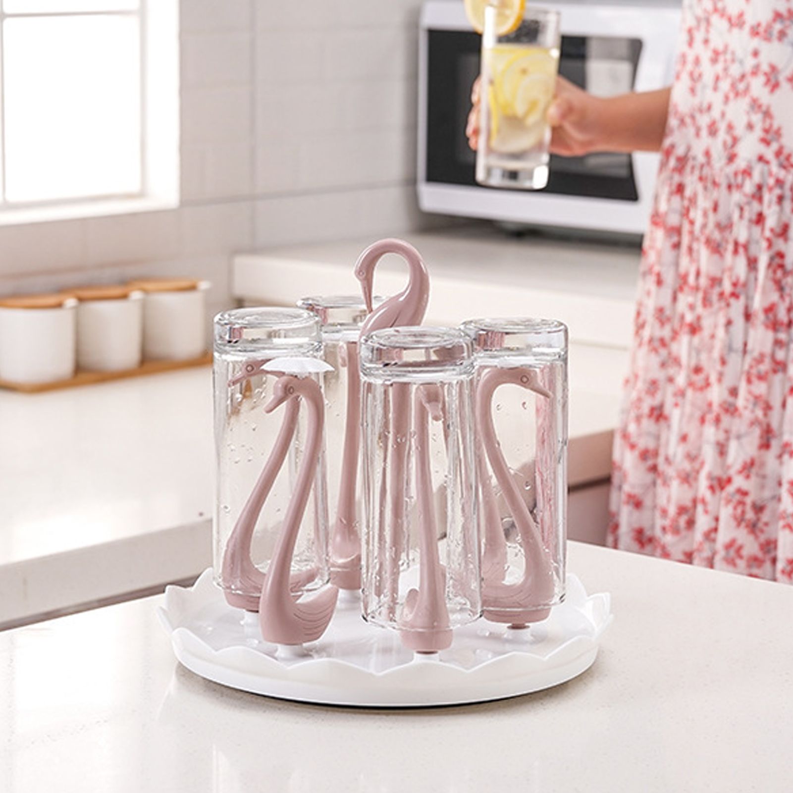 Swan Cup Holder with Rotating Drip Tray Plastic Rotatable Drinking Cup Drainer Stand Rack for Home Kitchen V1294-YM0512-3118220299413