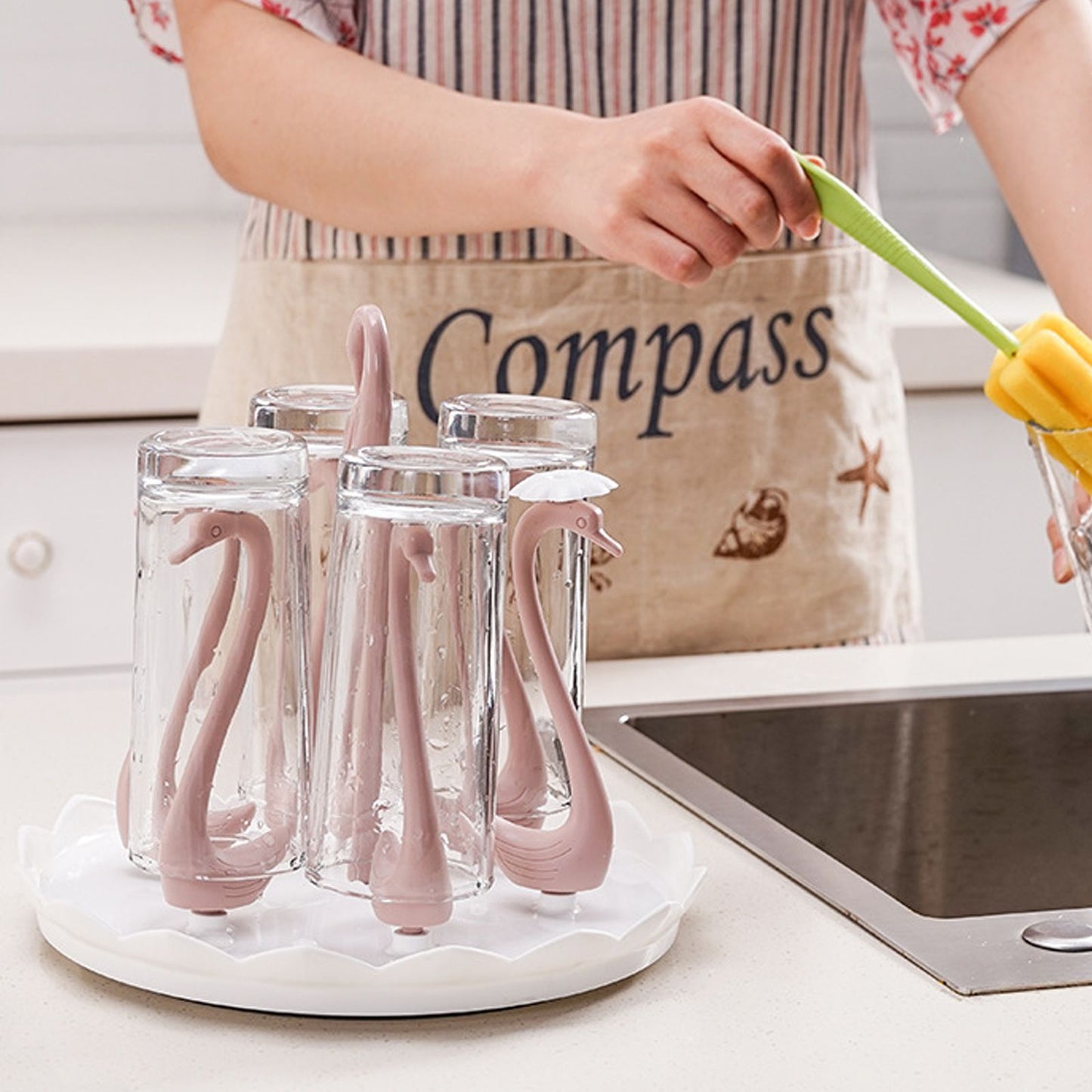 Swan Cup Holder with Rotating Drip Tray Plastic Rotatable Drinking Cup Drainer Stand Rack for Home Kitchen V1294-YM0512-3118220299413