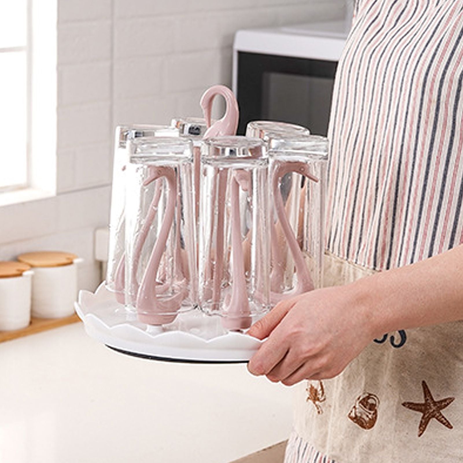 Swan Cup Holder with Rotating Drip Tray Plastic Rotatable Drinking Cup Drainer Stand Rack for Home Kitchen V1294-YM0512-3118220299413