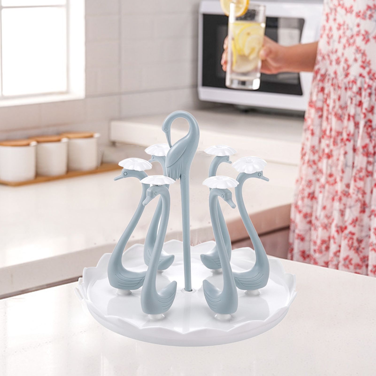 Swan Cup Holder with Rotating Drip Tray Plastic Rotatable Drinking Cup Drainer Stand Rack for Home Kitchen V1294-YM0512-3118220299414