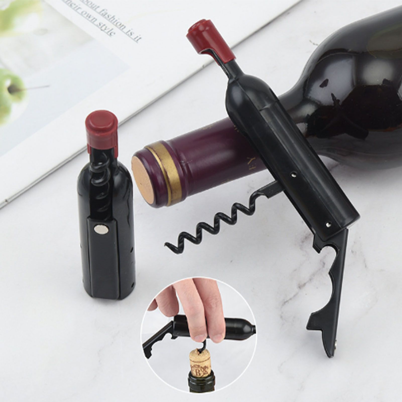 Wine Opener Black Multifunctional Magnet Design Portable Stainless Steel Wine Opener V1294-YM0512-3118220301611