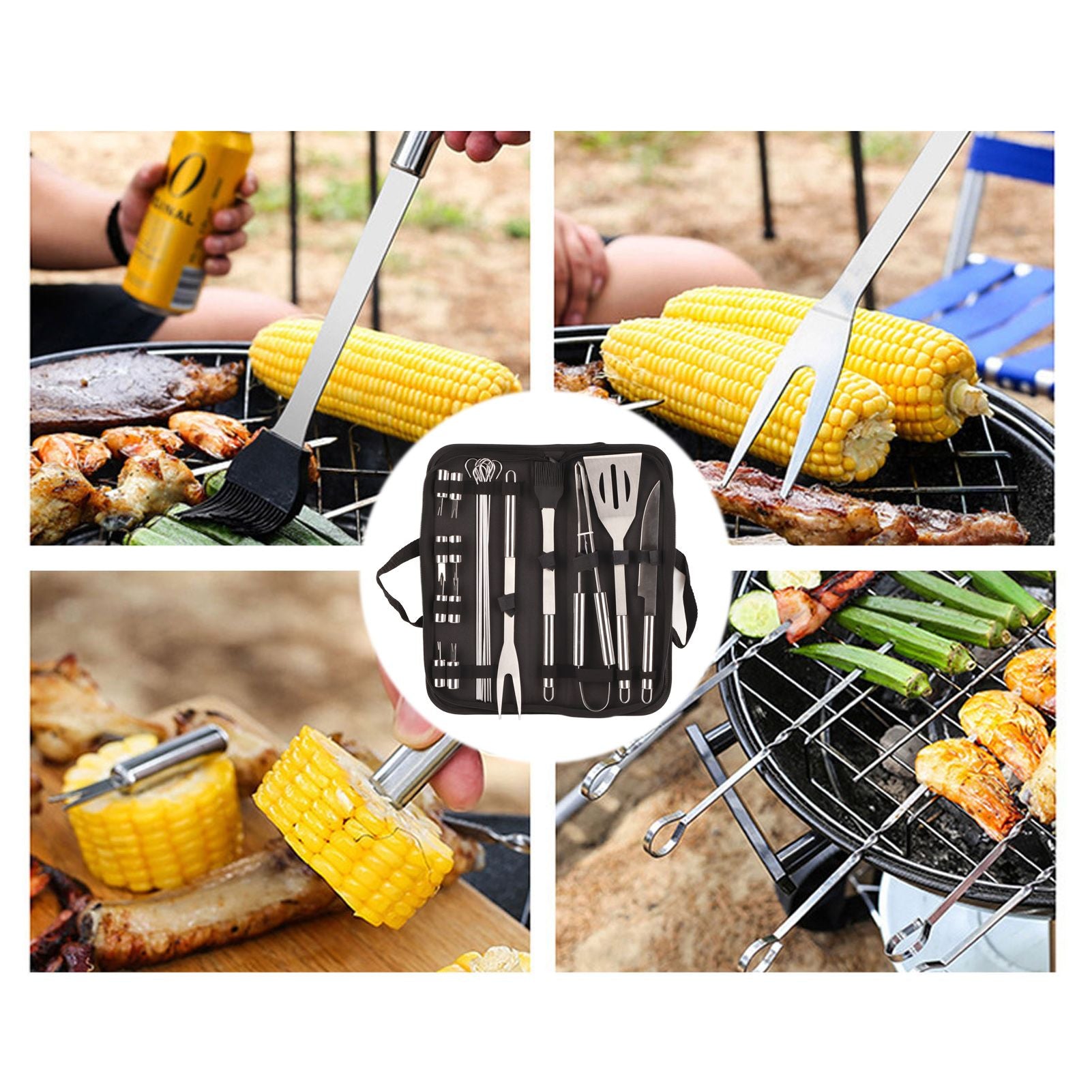 20pcs Barbecue Utensils Food Grade Stainless Steel Skewer Fork Knife BBQ Tool Set for Camping Hiking V1294-YM0512-3118220306911