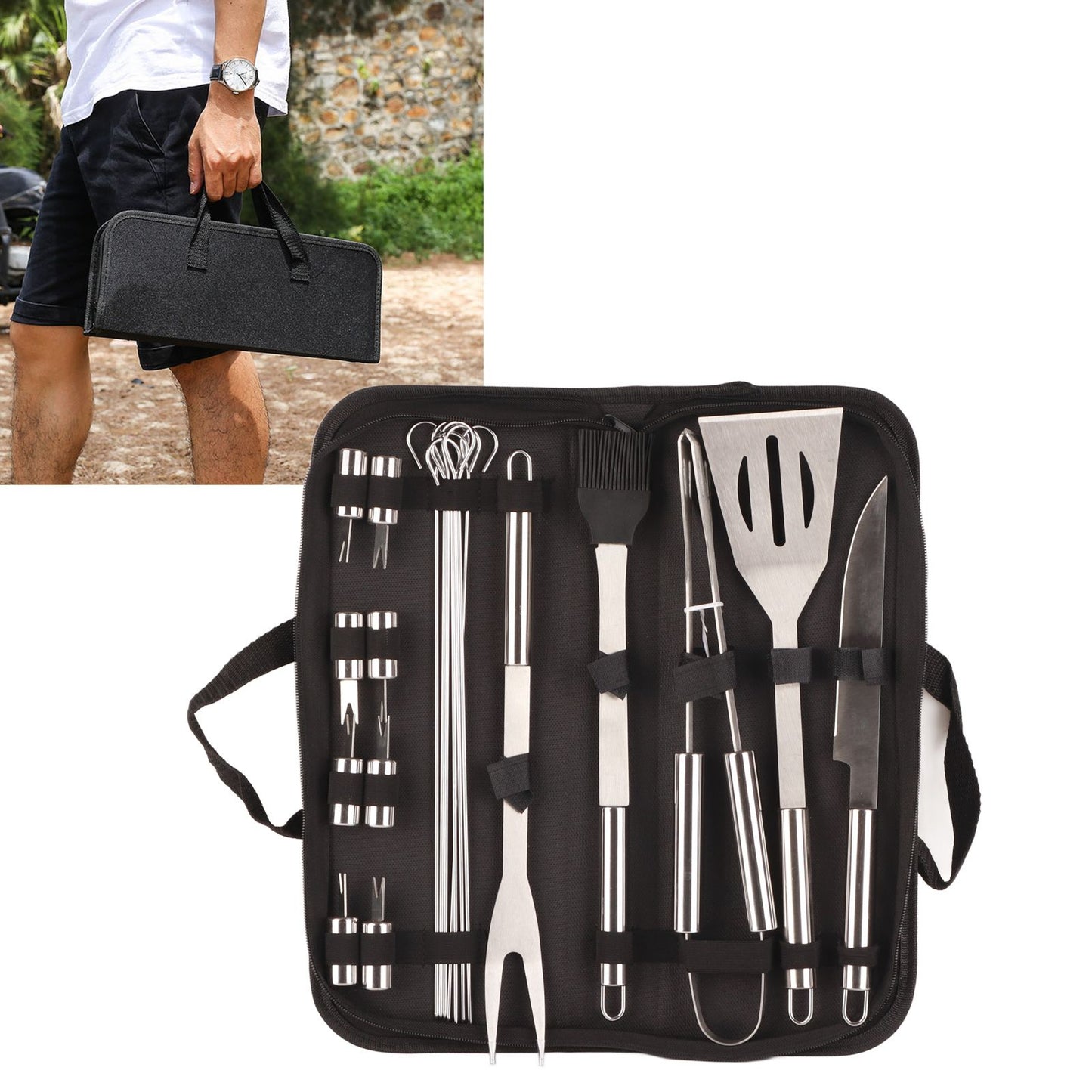 20pcs Barbecue Utensils Food Grade Stainless Steel Skewer Fork Knife BBQ Tool Set for Camping Hiking V1294-YM0512-3118220306911
