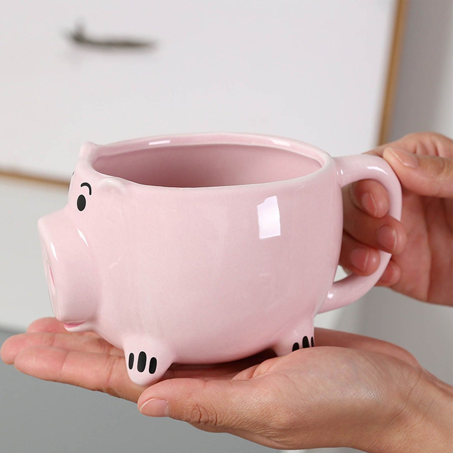 Ceramic Coffee Mug Wide Mouth Piggy Cute Water Cup with Handle for Home Cafe Office Pink V1294-YM0512-3118220308411
