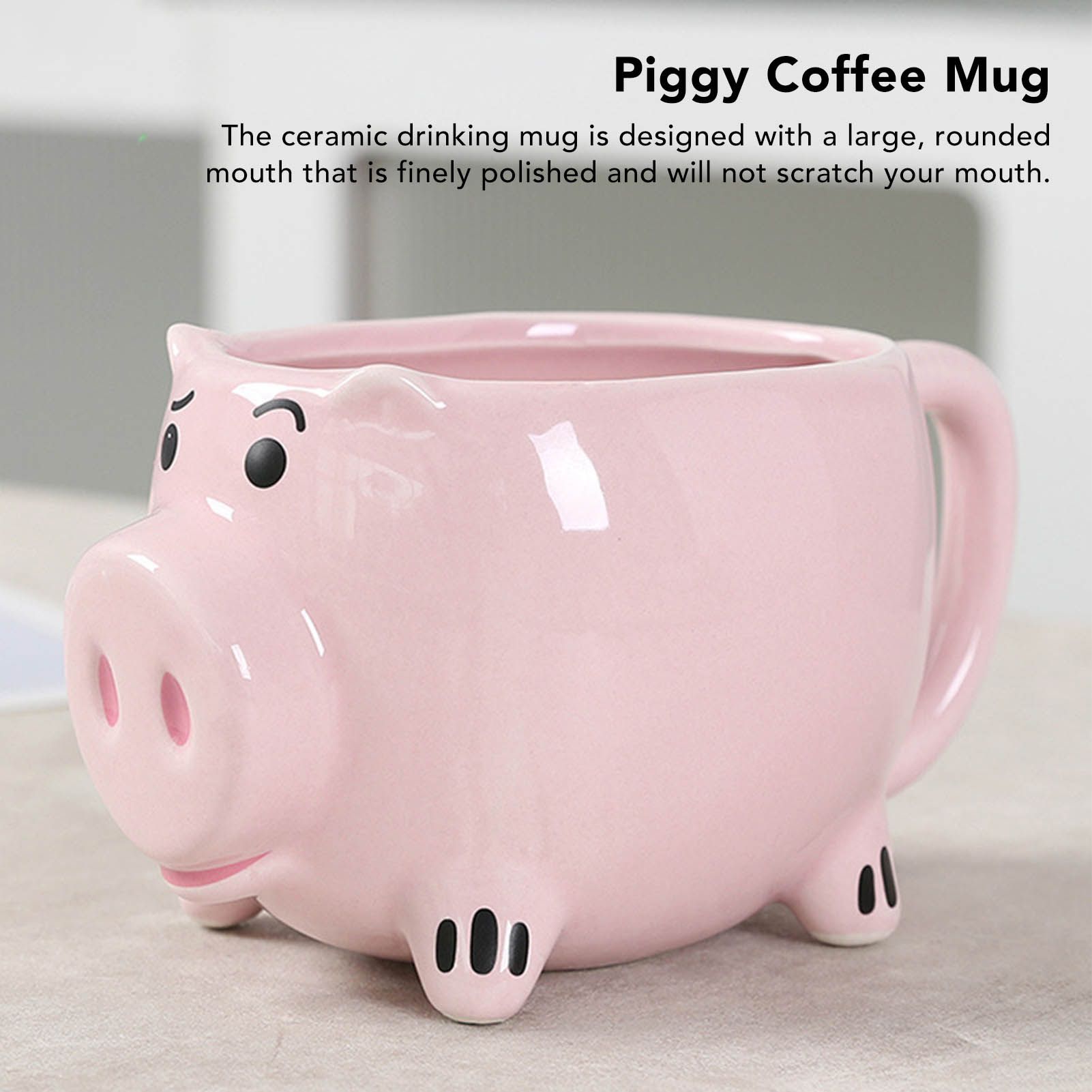 Ceramic Coffee Mug Wide Mouth Piggy Cute Water Cup with Handle for Home Cafe Office Pink V1294-YM0512-3118220308411