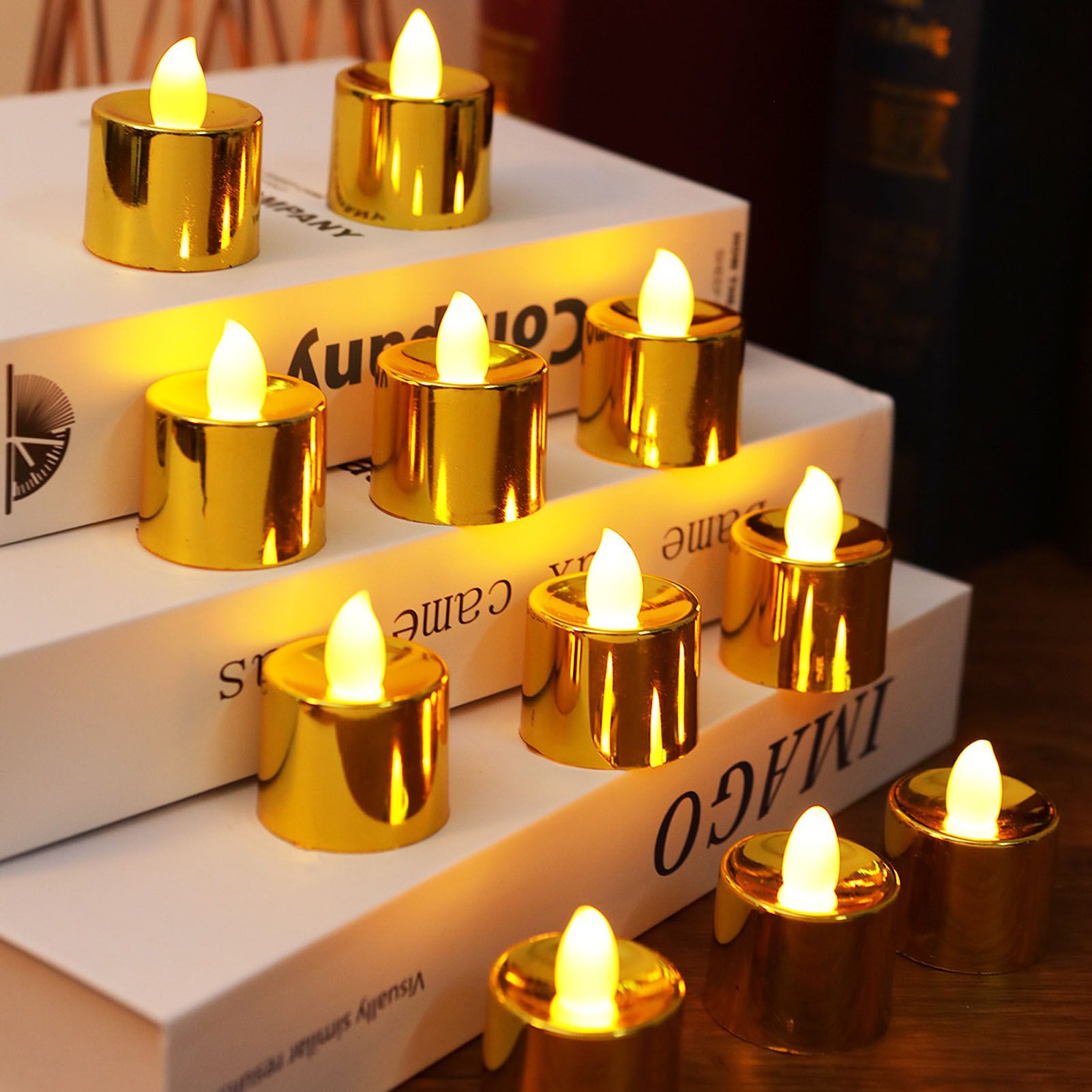 12 Pcs Electrogilding LED Electronic Candle Lamp for Christmas Wedding Birthday Party Home Decor Golden V1294-YM0512-3119220154611