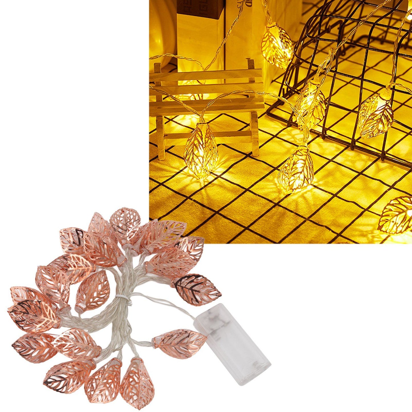 Rose Gold String Lights 20 LEDs Waterproof Battery Powered Hollowed Out Leaf Lights String Party Door Indoor V1294-YM0512-3119220163211