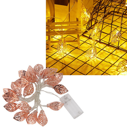 Rose Gold String Lights 20 LEDs Waterproof Battery Powered Hollowed Out Leaf Lights String Party Door Indoor V1294-YM0512-3119220163211
