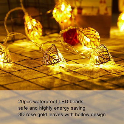 Rose Gold String Lights 20 LEDs Waterproof Battery Powered Hollowed Out Leaf Lights String Party Door Indoor V1294-YM0512-3119220163211