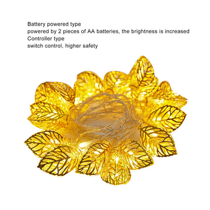 Rose Gold String Lights 20 LEDs Waterproof Battery Powered Hollowed Out Leaf Lights String Party Door Indoor V1294-YM0512-3119220163211