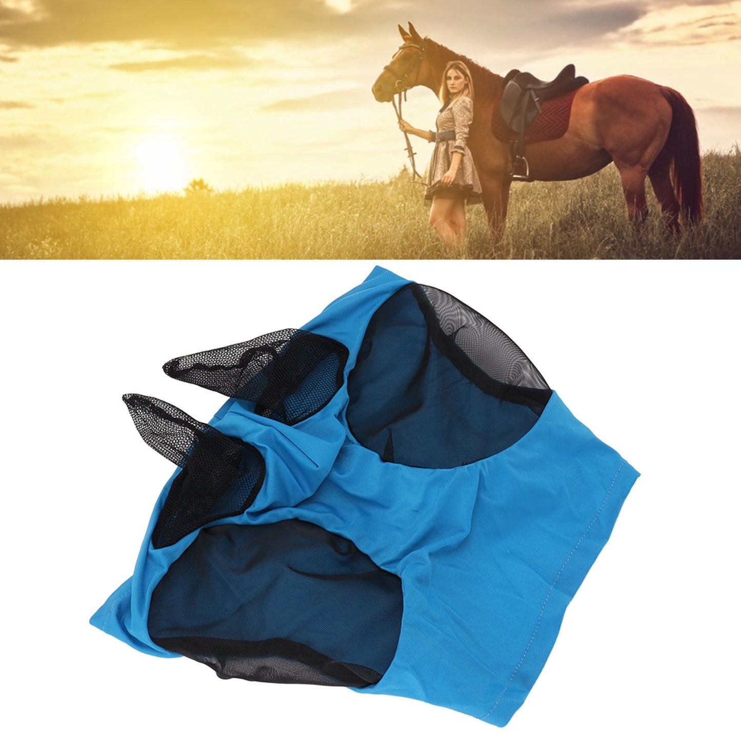 Horse Mesh Fly Mask Breathable Elastic Horse Face Mask with Ears Protection Riding Equestrian Equipment Blue V1294-YM0521-3111230022813