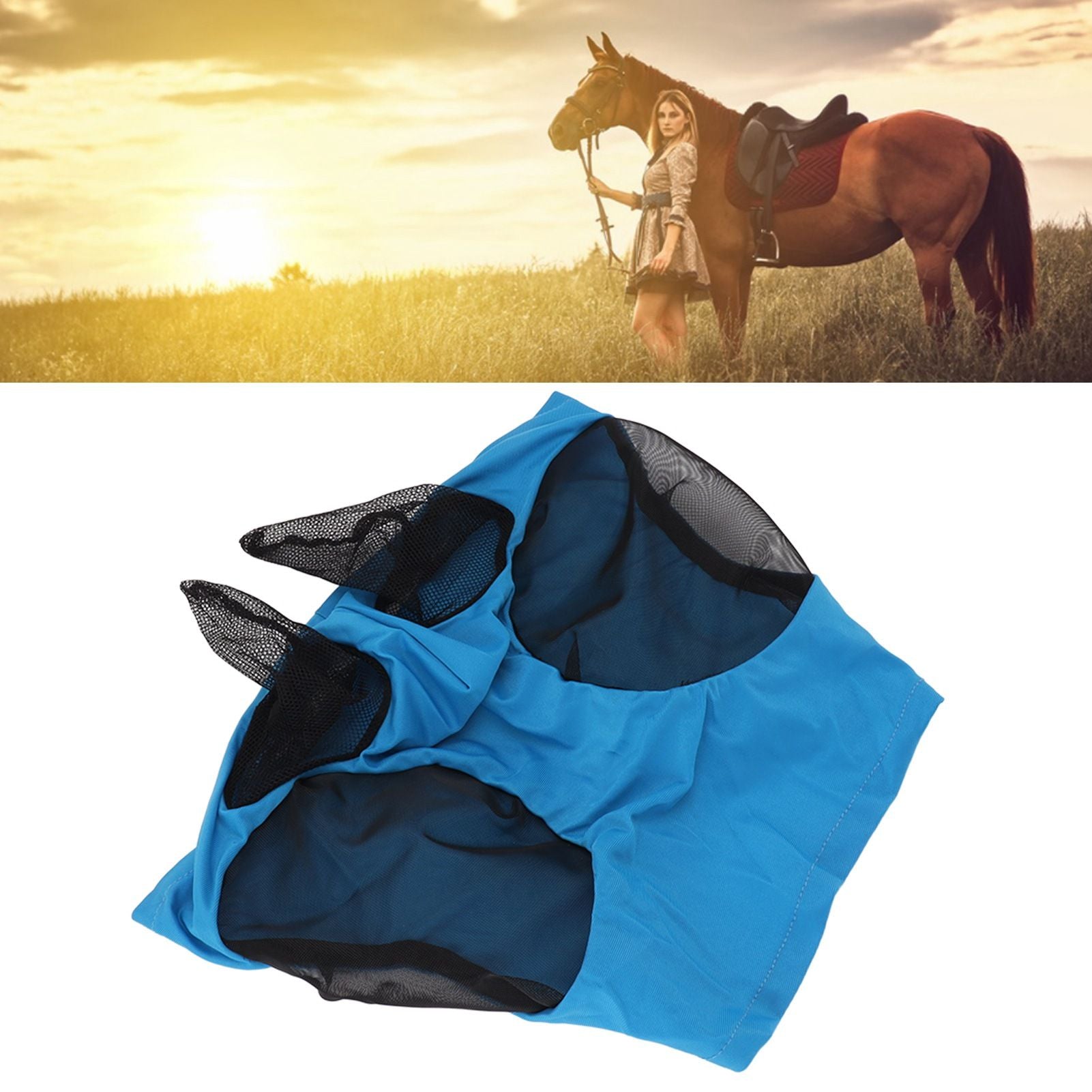 Horse Mesh Fly Mask Breathable Elastic Horse Face Mask with Ears Protection Riding Equestrian Equipment Blue V1294-YM0521-3111230022813