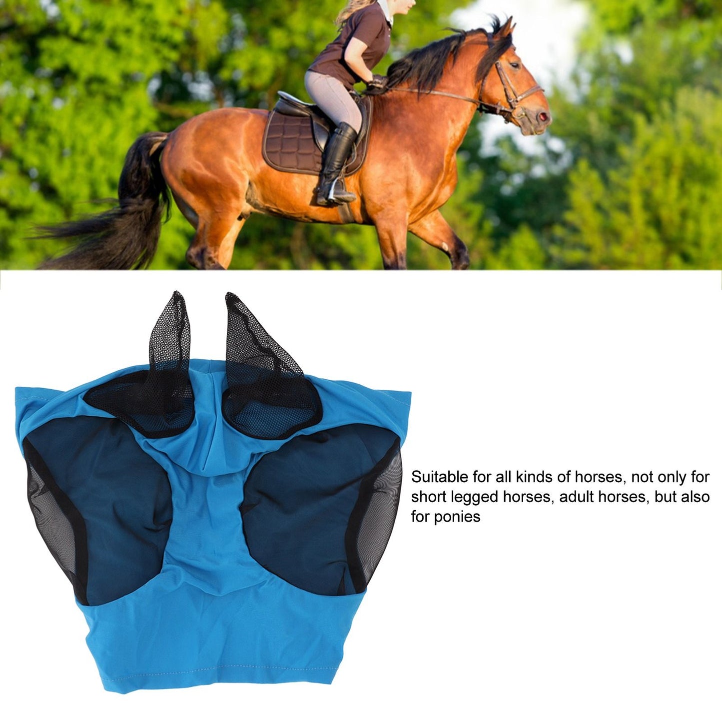 Horse Mesh Fly Mask Breathable Elastic Horse Face Mask with Ears Protection Riding Equestrian Equipment Blue V1294-YM0521-3111230022813