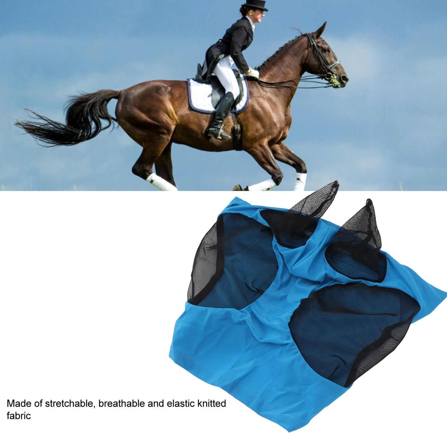 Horse Mesh Fly Mask Breathable Elastic Horse Face Mask with Ears Protection Riding Equestrian Equipment Blue V1294-YM0521-3111230022813