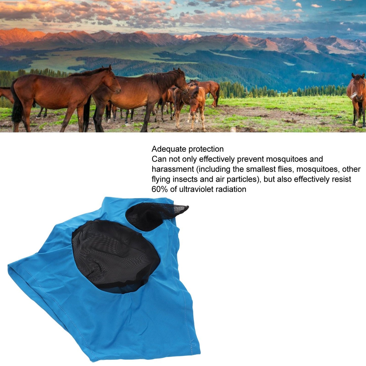 Horse Mesh Fly Mask Breathable Elastic Horse Face Mask with Ears Protection Riding Equestrian Equipment Blue V1294-YM0521-3111230022813