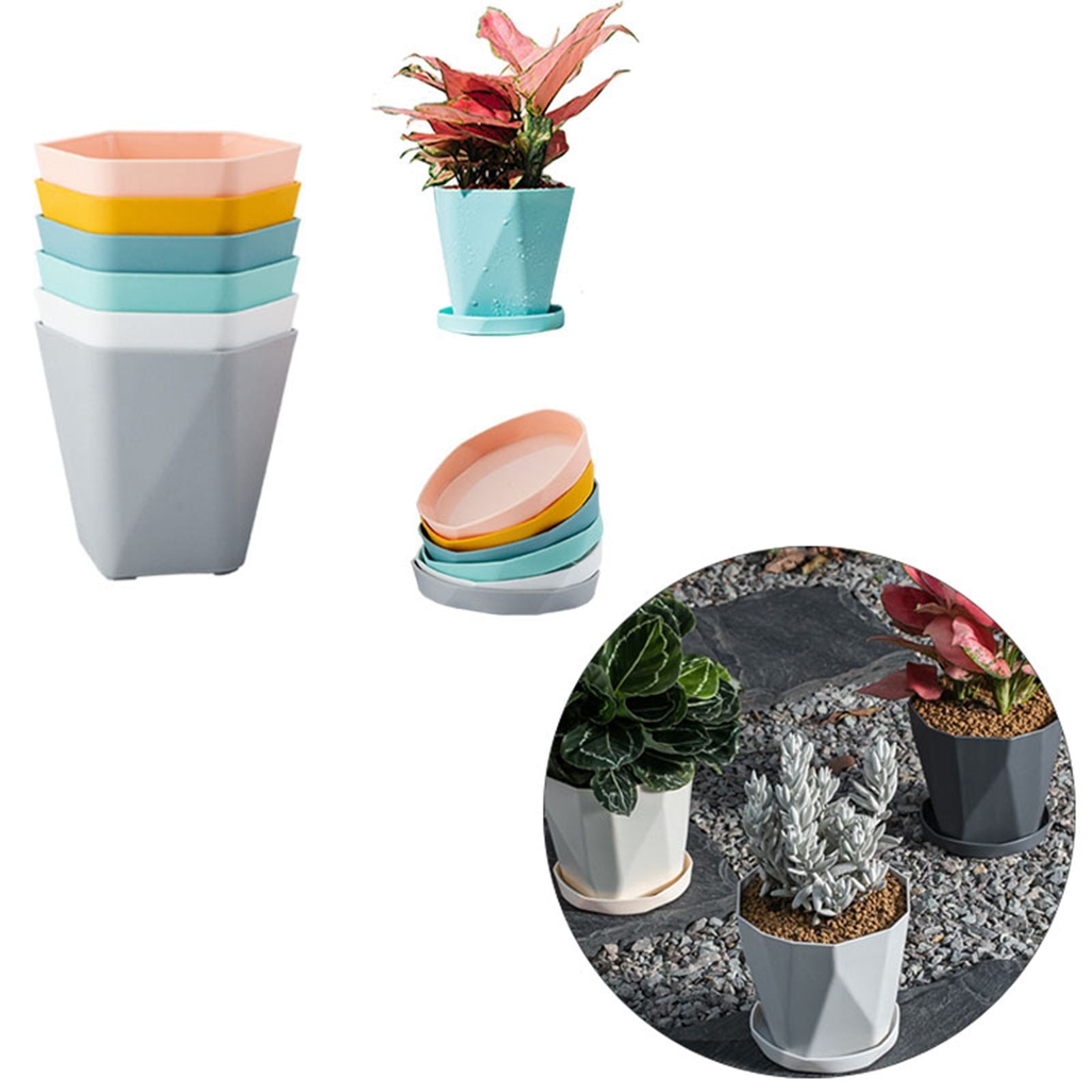 6PCS Planter Plastic Plant Pot Flower Container with Thickened Tray for Indoor Outdoor Garden V1294-YM0521-3111230033611