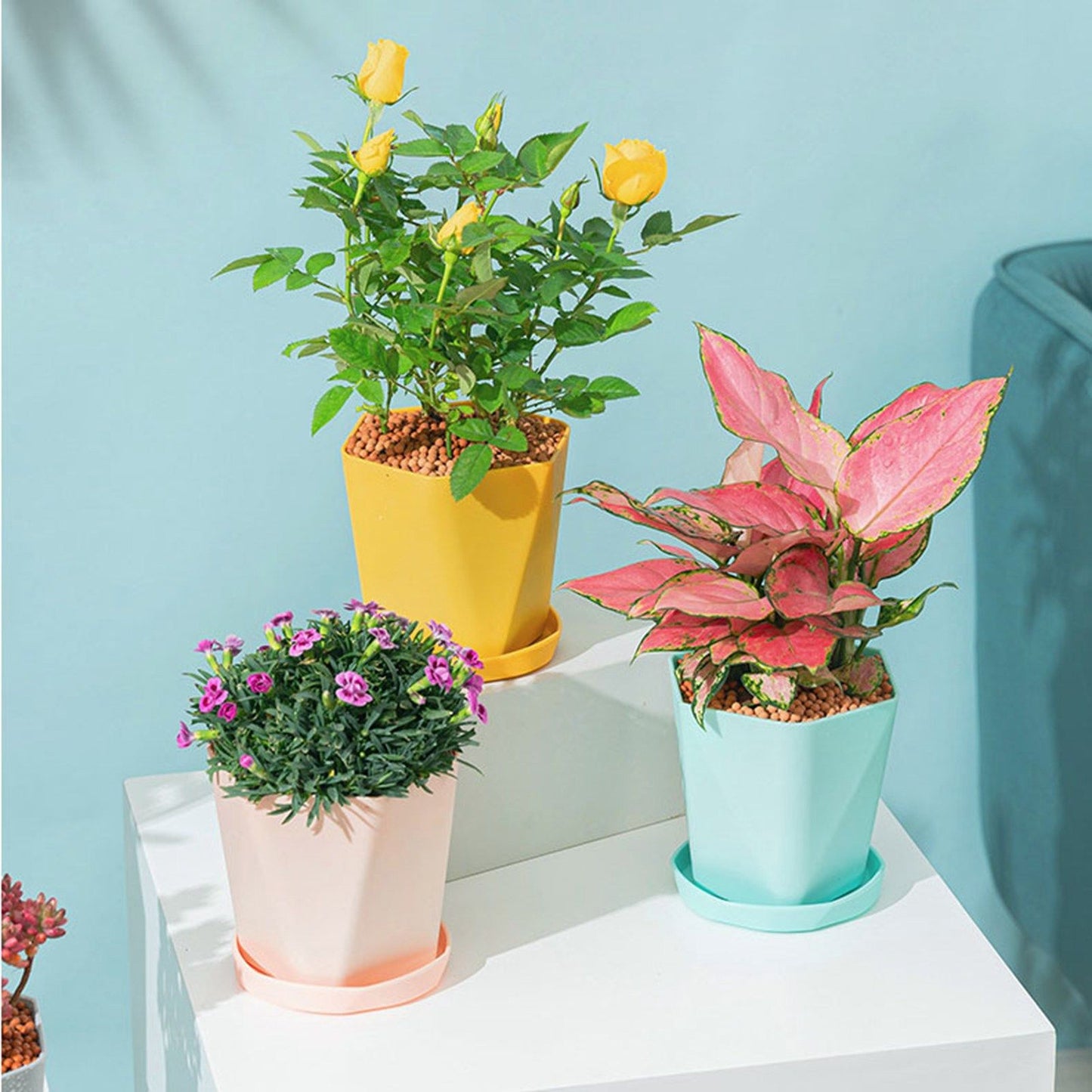 6PCS Planter Plastic Plant Pot Flower Container with Thickened Tray for Indoor Outdoor Garden V1294-YM0521-3111230033611