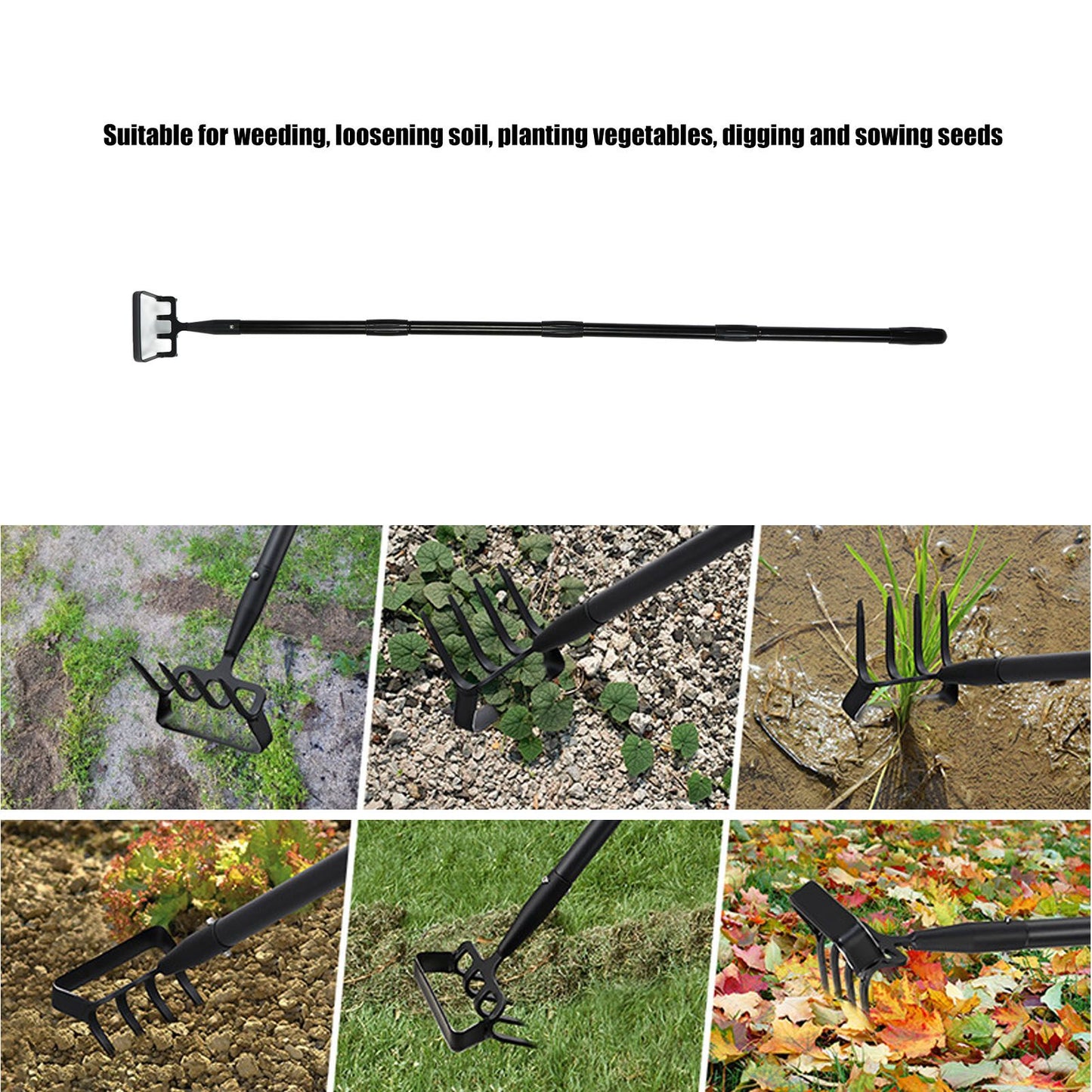 Weeding Rake Adjustable Length Stainless Steel Ergonomic Handle Hand Rake Garden Tool for Cultivating V1294-YM0521-3111230070412