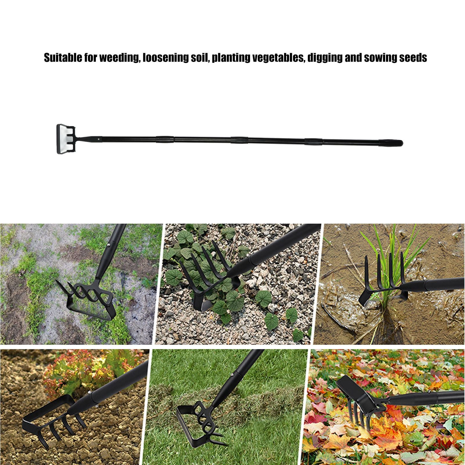 Weeding Rake Adjustable Length Stainless Steel Ergonomic Handle Hand Rake Garden Tool for Cultivating V1294-YM0521-3111230070412