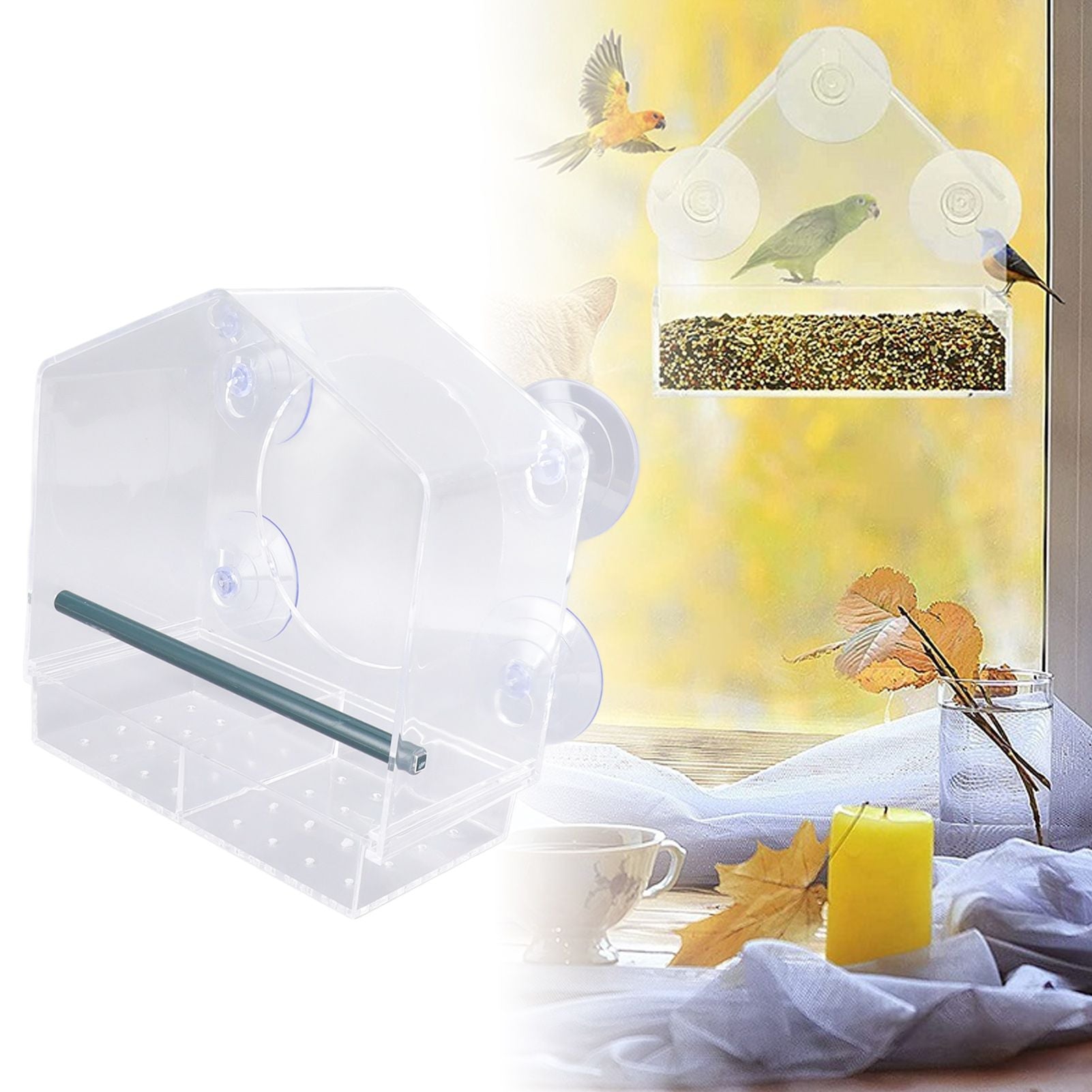 Window Bird Feeder Clear Sturdy Acrylic Window Bird House Feeder with 4 Suction Cups V1294-YM0521-3111230076311