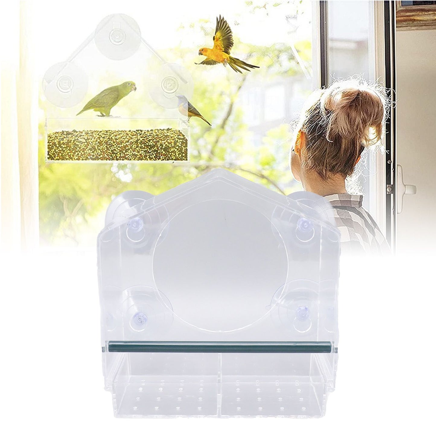 Window Bird Feeder Clear Sturdy Acrylic Window Bird House Feeder with 4 Suction Cups V1294-YM0521-3111230076311