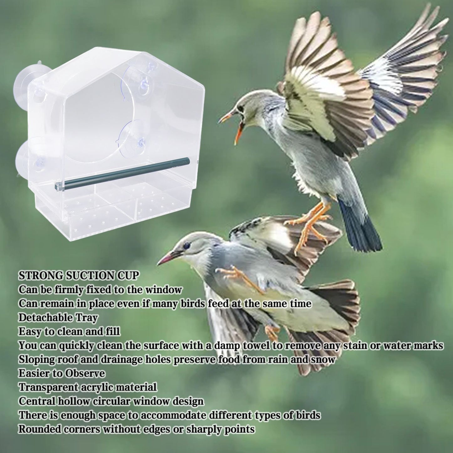 Window Bird Feeder Clear Sturdy Acrylic Window Bird House Feeder with 4 Suction Cups V1294-YM0521-3111230076311