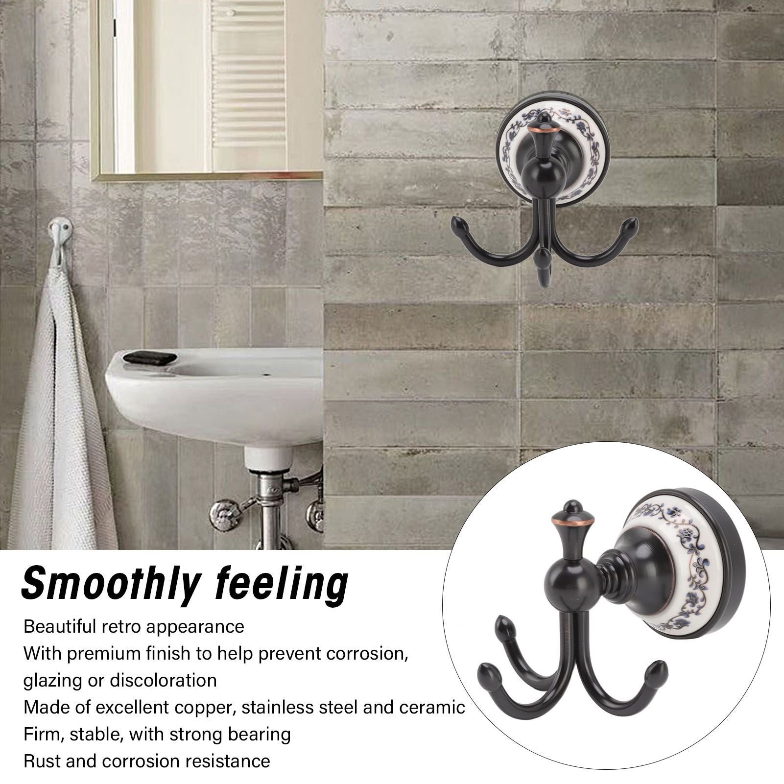 Wall Mounted Coat Hook 3 Prong Retro Look Corrosion Resistance Hanging Towel Hook for Bathroom Bedroom V1294-YM0521-3112220086111