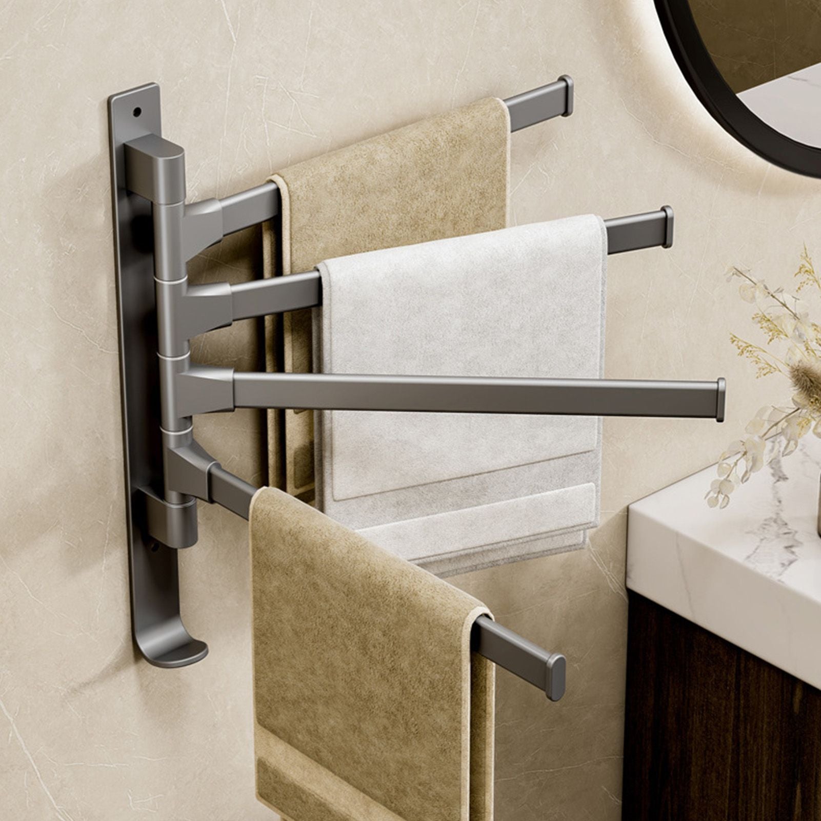 Swivel Towel Rack 4 Arms Thickened Space Aluminum 180 Degrees Rotating Bathroom Towel Holder for Home Hotel V1294-YM0521-3112220090911