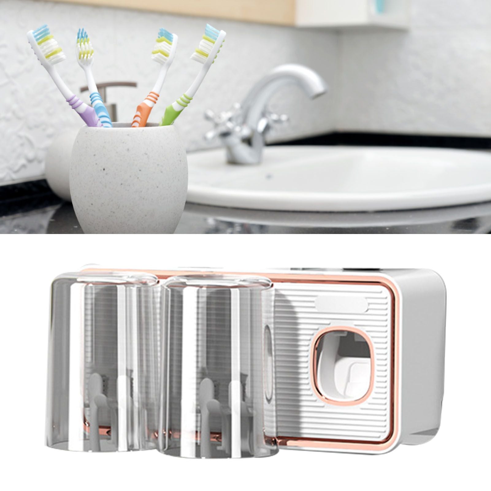 Toothbrush Shelf Drilling Free Toothbrush Holder Rack with Automatic Toothpaste Dispenser White V1294-YM0521-3112230003412