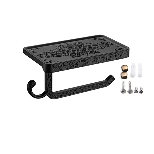 Black Paper Roll Rack with Phone Storage Shelf Aluminum Vintage Toilet Paper Towel Holder for Bathroom Black V1294-YM0521-3112230012112