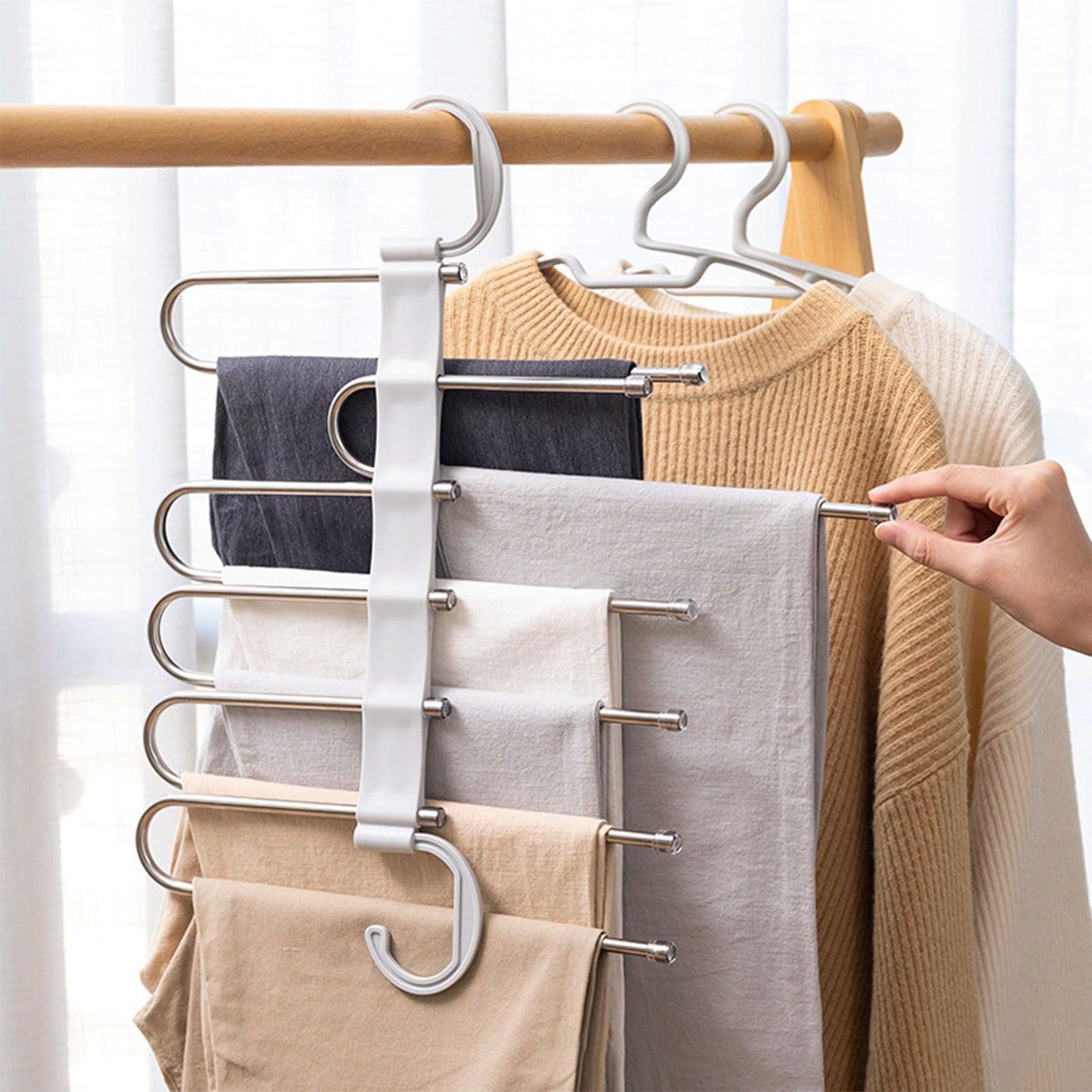 White Foldable Pants Rack Hanger Multifunctional Multi Layer Pants Folding Trouser Hanging Rack V1294-YM0521-3112230015611