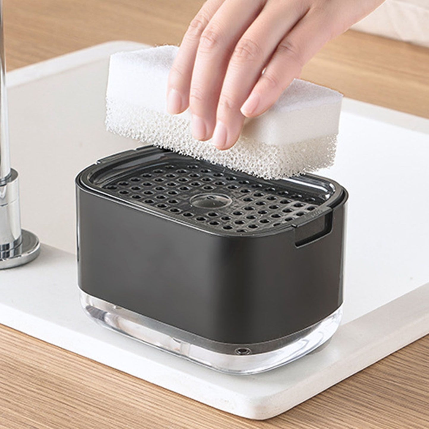 Soap Dispenser with Sponge Holder PP PET Press Type Soap Box for Cloth Dish Kitchen Cleaning Black V1294-YM0521-3112230026612