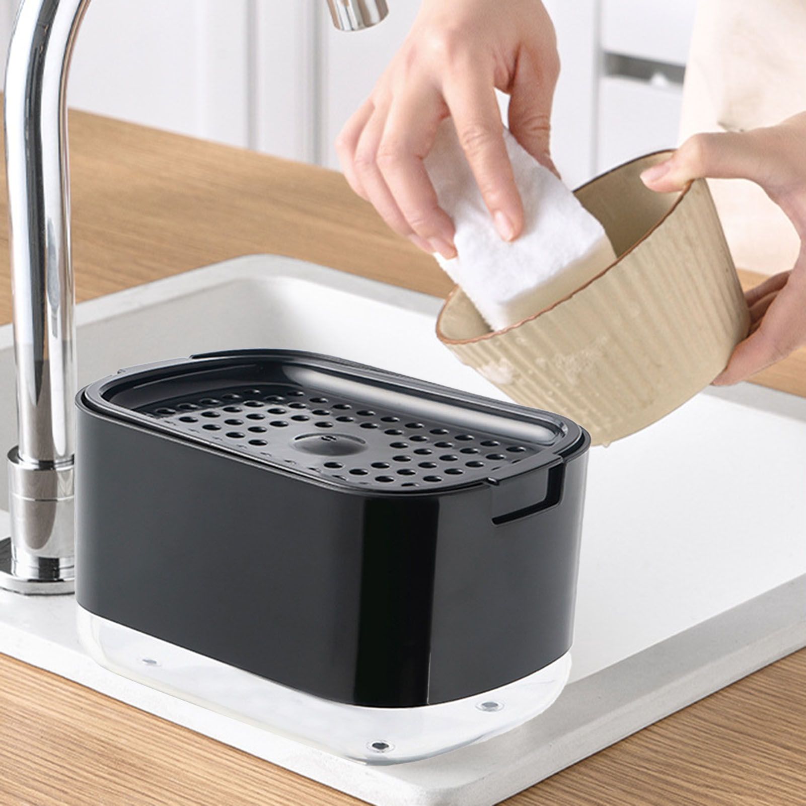 Soap Dispenser with Sponge Holder PP PET Press Type Soap Box for Cloth Dish Kitchen Cleaning Black V1294-YM0521-3112230026612