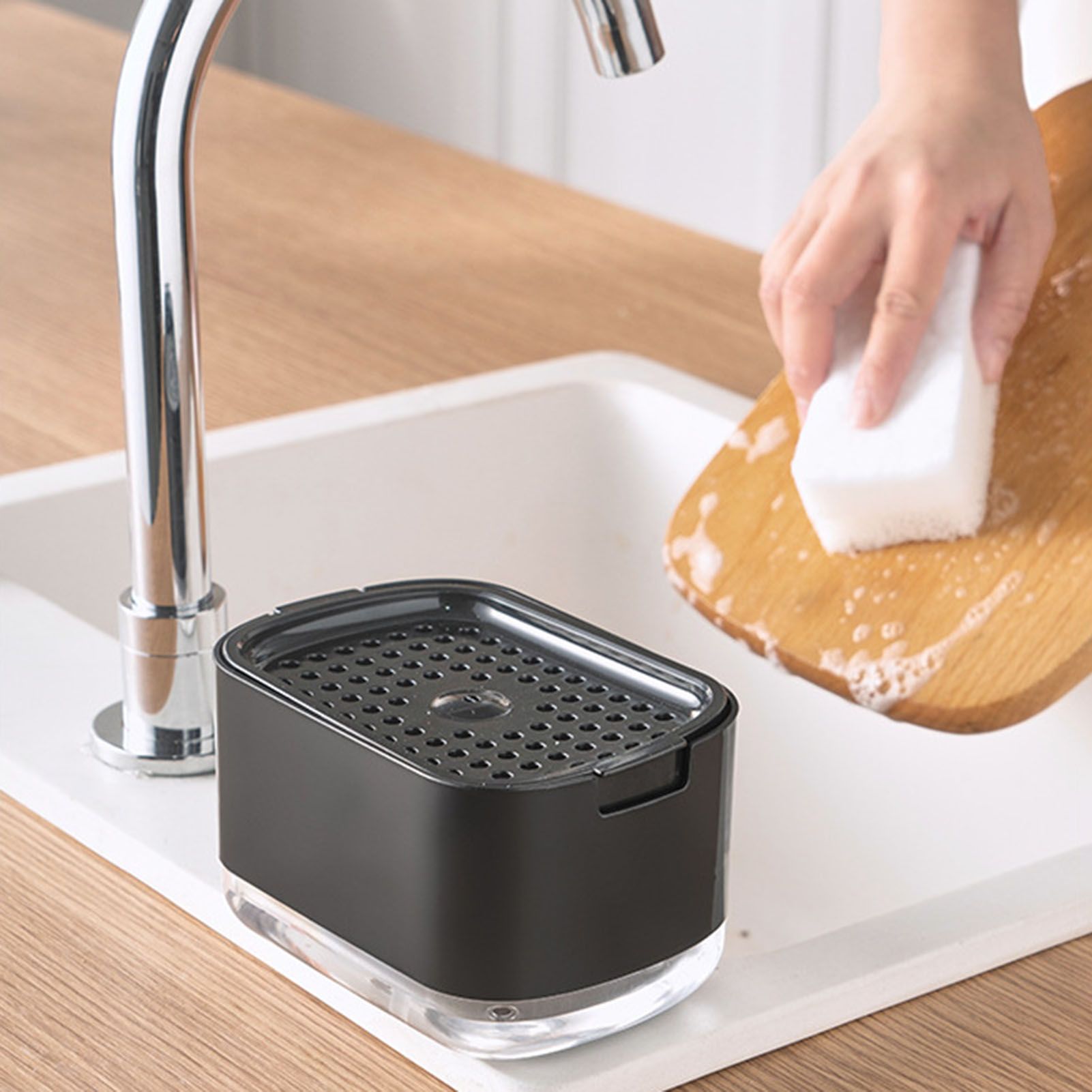 Soap Dispenser with Sponge Holder PP PET Press Type Soap Box for Cloth Dish Kitchen Cleaning Black V1294-YM0521-3112230026612