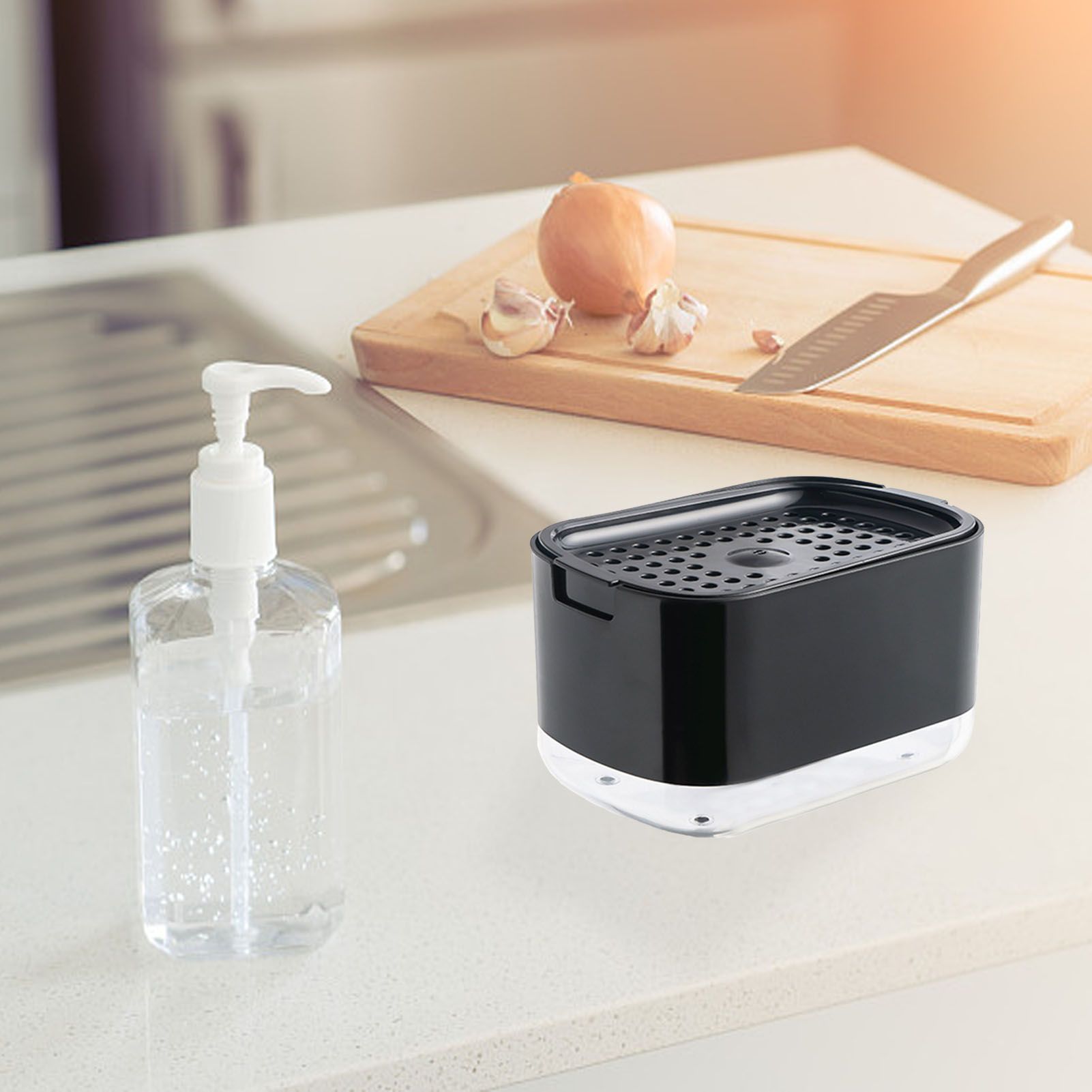 Soap Dispenser with Sponge Holder PP PET Press Type Soap Box for Cloth Dish Kitchen Cleaning Black V1294-YM0521-3112230026612