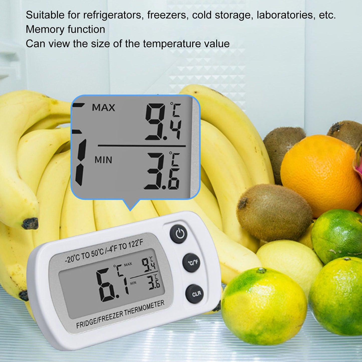 Refrigerator Thermometer Memory Function ABS Body White degrees C degrees F Switched Small Compact Digital V1294-YM0521-3113220305311