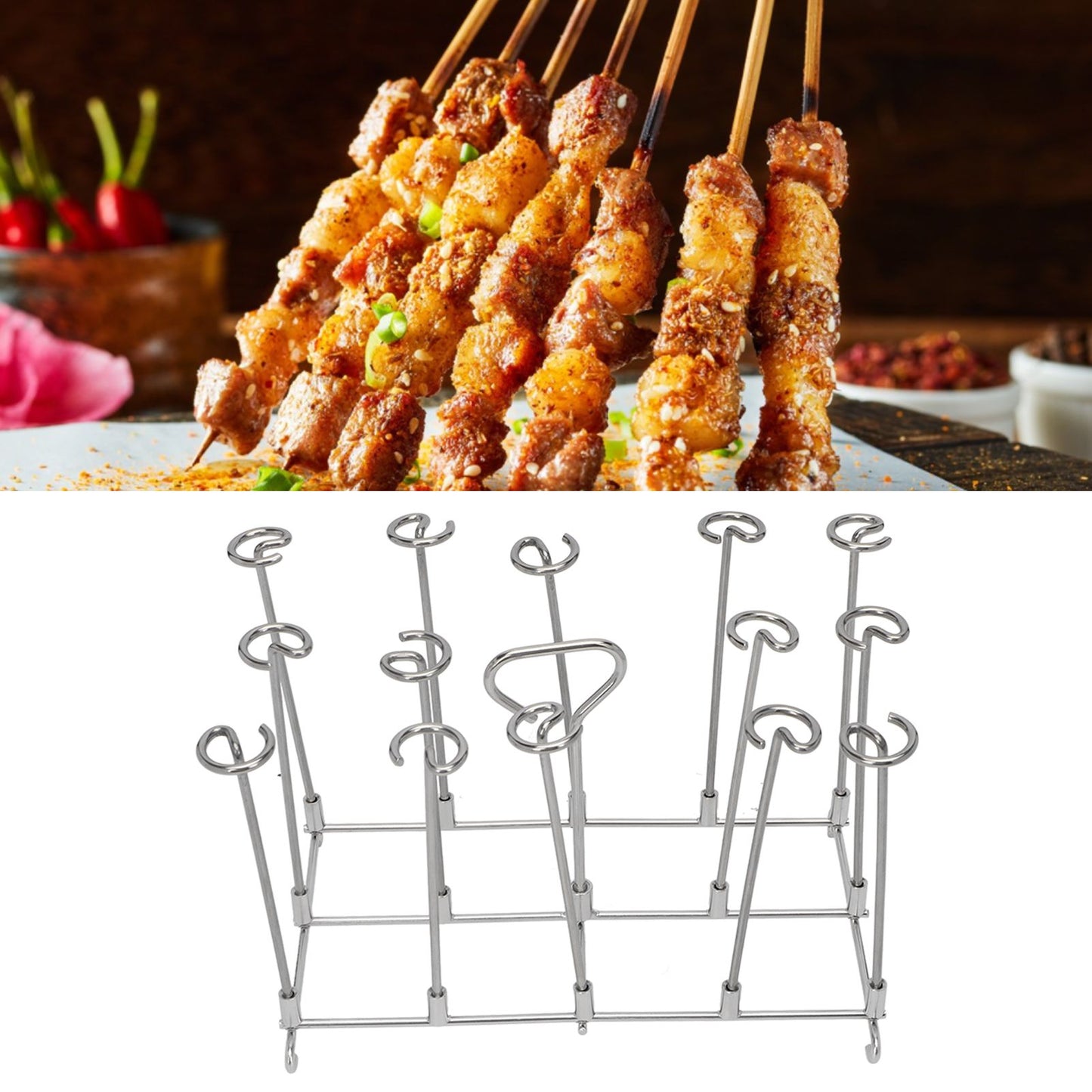 Fryer Skewer Stand Uniform Cooking Rust Resistance Stainless Steel Vertical Skewer Stand for Chicken Meat V1294-YM0521-3113220312611