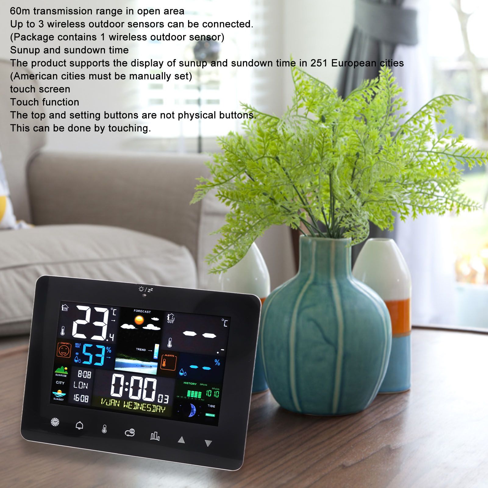 Colorful Touch Screen Digital Weather Forecast Station Wireless Indoor Outdoor Thermometer V1294-YM0521-3113230046611