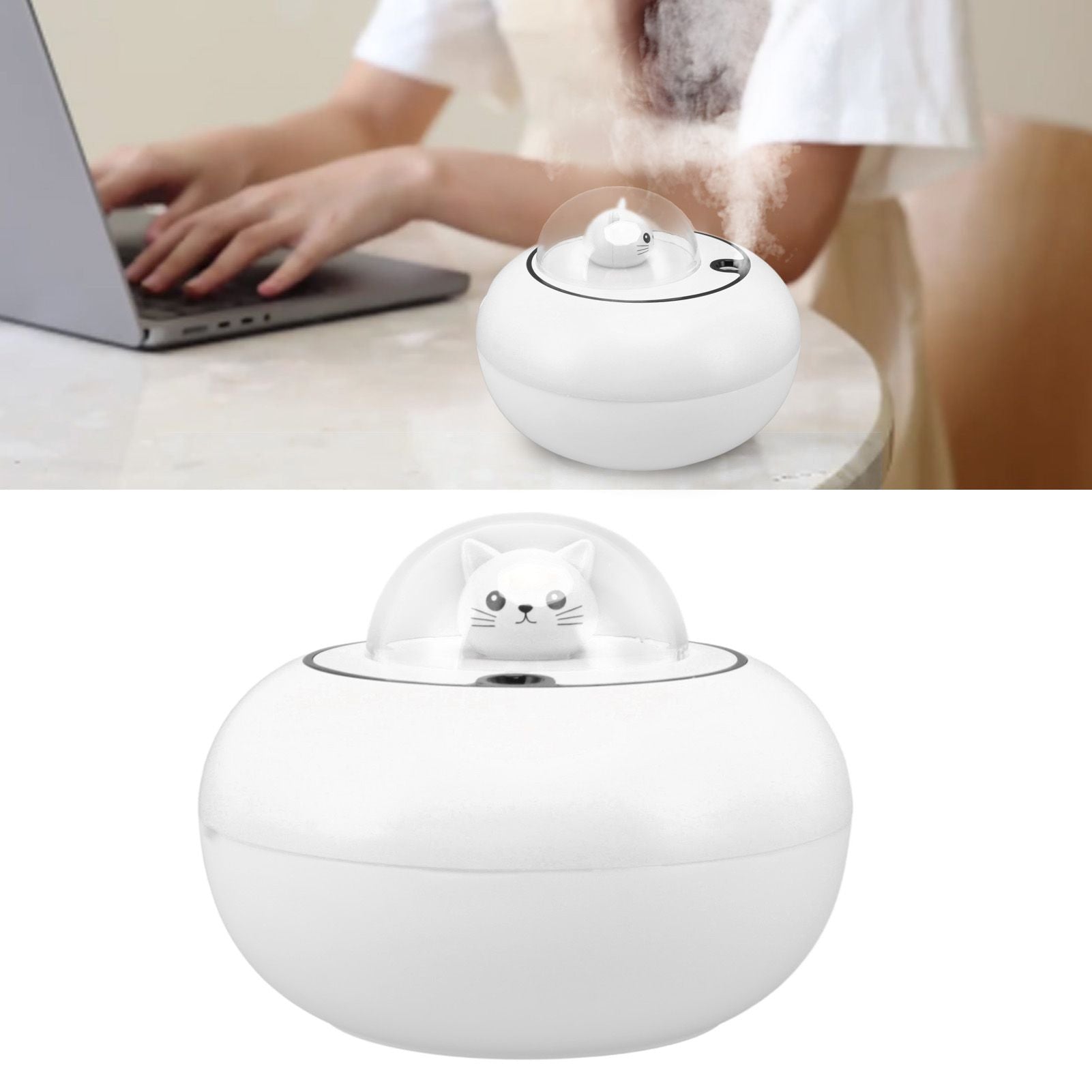 Mini Humidifier Cute Cat Sculpture Portable Quiet Desktop Air Humidifier for Home Office USB Plug in White V1294-YM0521-3113230072712