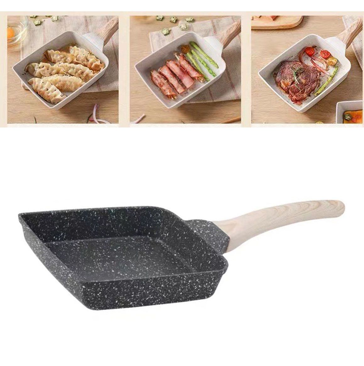 Frying Pan Aluminium Fast Conduction 3 Layers Thickened Wooden Handle Cooking Skillet for Family Kitchen V1294-YM0521-3113230081511
