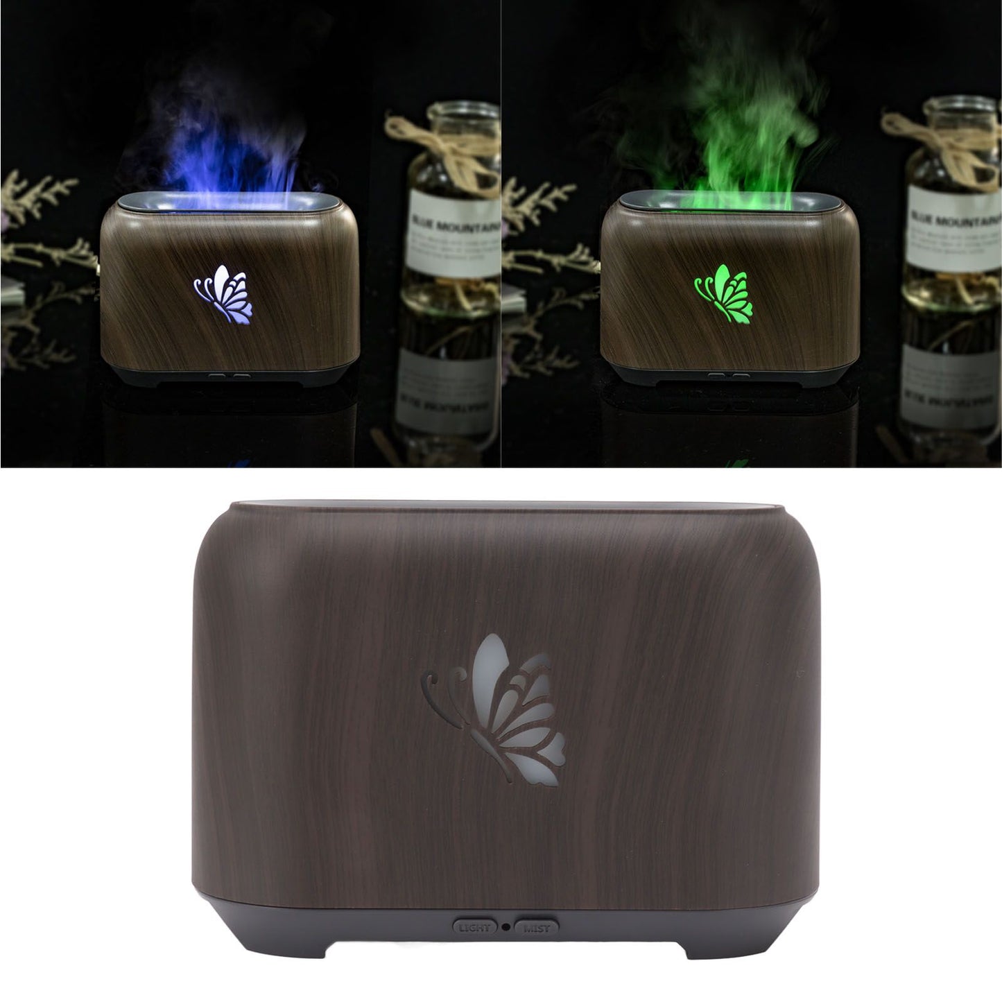 150ml Flame Diffuser Humidifier Prevents Dryness Silent Operation Wood Grain Humidifier with 7 Color Lights V1294-YM0521-3113230092511