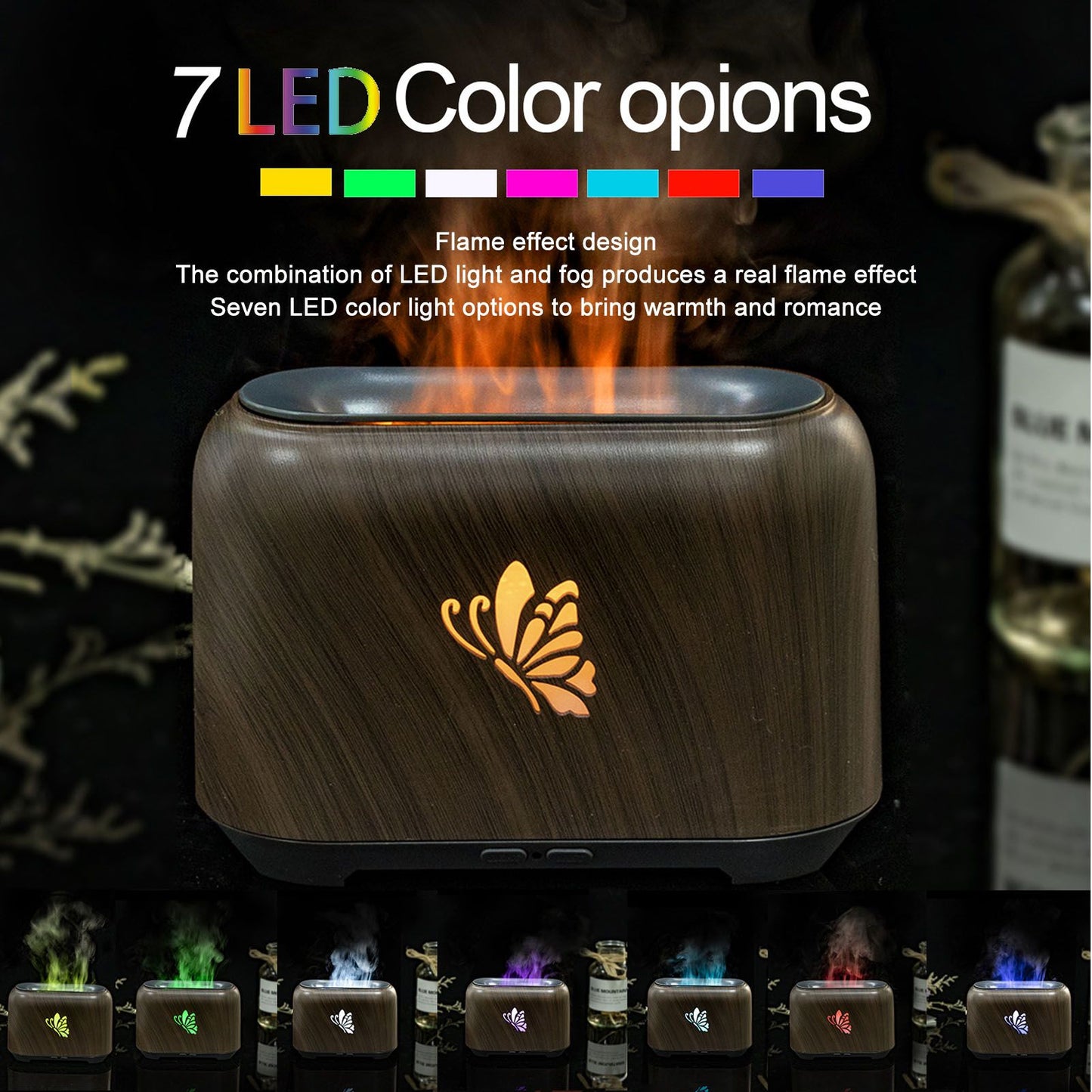 150ml Flame Diffuser Humidifier Prevents Dryness Silent Operation Wood Grain Humidifier with 7 Color Lights V1294-YM0521-3113230092511