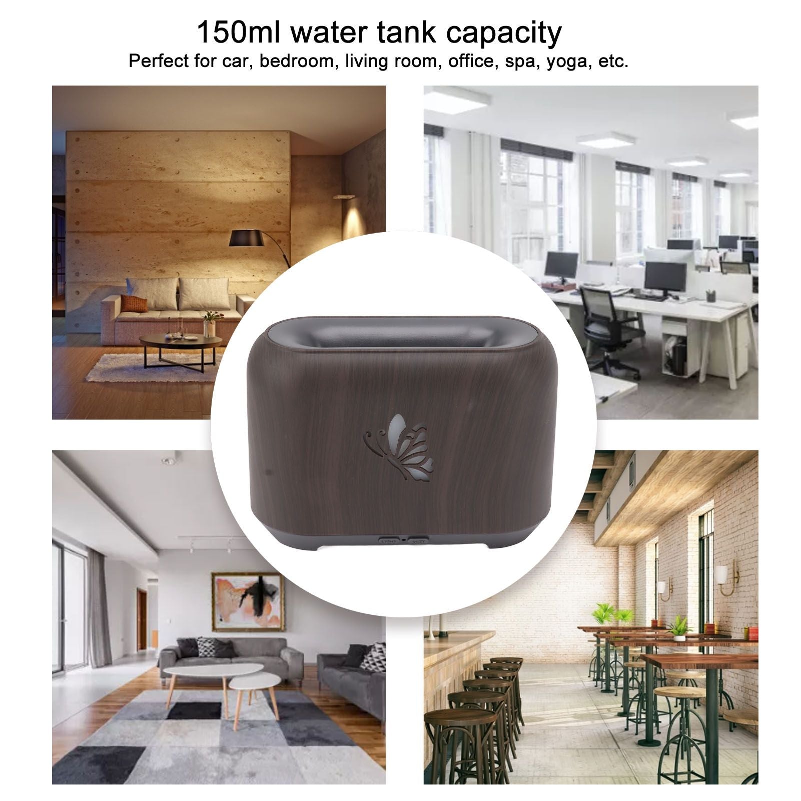 150ml Flame Diffuser Humidifier Prevents Dryness Silent Operation Wood Grain Humidifier with 7 Color Lights V1294-YM0521-3113230092511